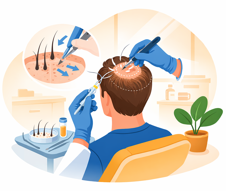 Illustration of a doctor performing a crown hair transplant procedure
